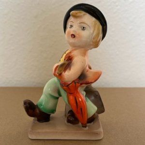 Vintage Boy Walking Figurine Suitcase Umbrella Hat Made in Japan